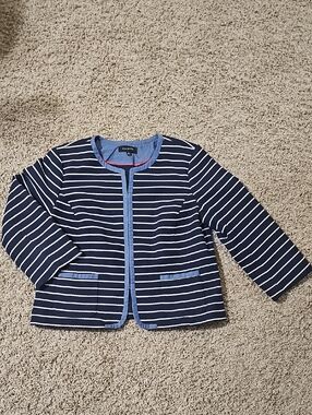Talbots Jacket Striped 3/4 Sleeve Blazer Navy Blue & White 14/XL 100% Cotton
